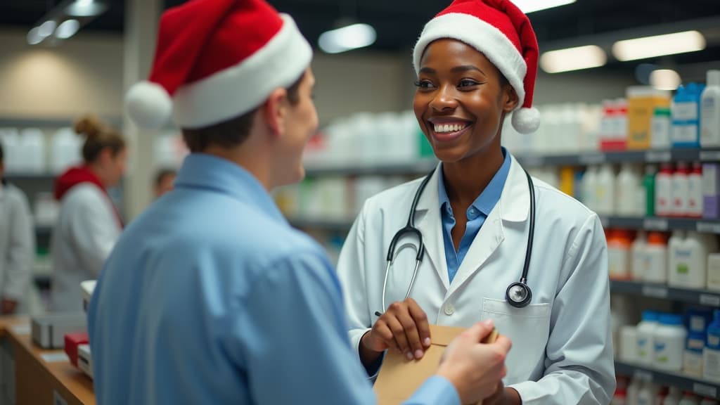  smiling african american pharmacist with make up, wearing santa hat and medical suit, giving beige paper shopping bag to customer, counter, pharmacy background, full body shot, ar 16:9, (natural skin texture), highly detailed face, depth of field, hyperrealism, soft light, muted colors