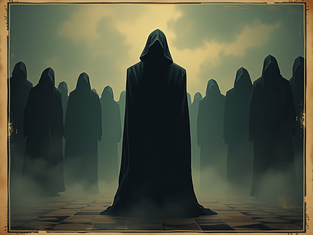  lonely figure, dark cloaked, stands still in the middle of a blurred crowd, muted colors, moody, isolation. an illustration in the style of a worn, mystical old tarot trump card, mysterious and elements of surrealism. the colors are muted, somber and eerie, but with contrast bring out an occult and esoteric vibe.