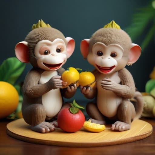 3 happy cute monkeys playing on the table with Thai fruits banana Durian Mango mangosteen Thai style 3D Art toy in Cartoon style