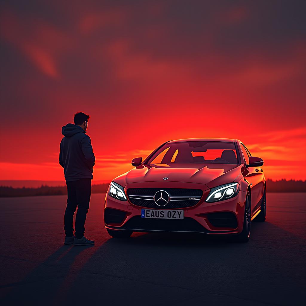  a really angry person who is next to a mercedes car and the sky is red and in a upper is a text what says efimanki, (logo:1.15), hq, hightly detailed, 4k