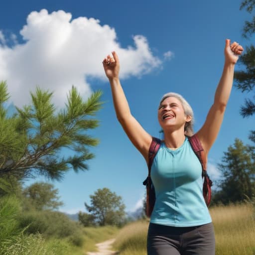 A photorealistic image of a healthy smiling man and woman with their arms up in excitement hiking in a beautiful serene area with a deep blue sky and greenery