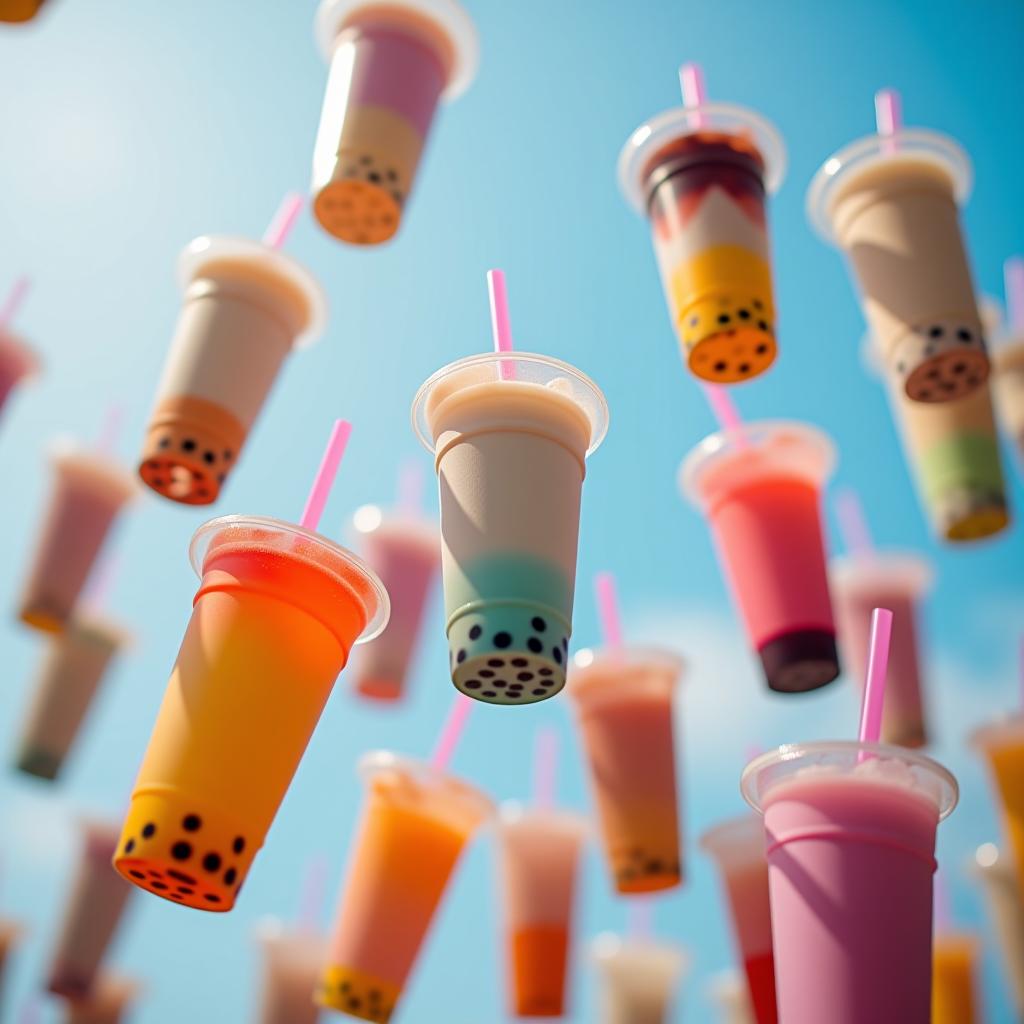  a lot of colorful bubble tea drinks in the air.