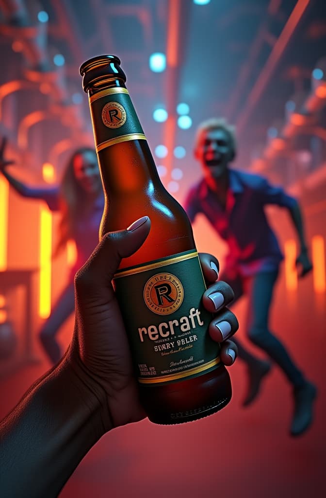  a brown opened tilted beer bottle labeled 'recraft' label, holded by zombie rotten hand of an angry looking but smiling very happy zombie. the background features a modern steampunk shaped brewery with transparent beer pipes filled with golden beer. there are two jumping freezed in air, angry looking but smiling happy zombies, one male with dark skin and one female with light skin, wearing colorful skate clothes, beer flows out from bottle and splashes from bottle to their mouths. the bottle is tilted and, complemented by vibrant colorful ambient lighting in shades of red and blue. bottle and one of zombies are in the foreground of the photo. hyperrealistic, full body, detailed clothing, highly detailed, cinematic lighting, stunningly beautiful, intricate, sharp focus, f/1. 8, 85mm, (centered image composition), (professionally color graded), ((bright soft diffused light)), volumetric fog, trending on instagram, trending on tumblr, HDR 4K, 8K