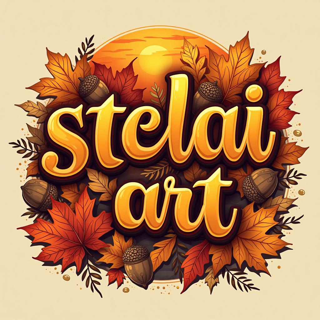  "create an autumn themed lettering artwork featuring the capitalized text 'stelai art.' the design should capture the warmth and richness of fall, incorporating elements like colorful falling leaves, acorns, and harvest motifs. use rustic, cozy fonts with an organic, flowing layout, and integrate warm colors such as deep oranges, rich reds, and golden yellows. the background should complement the autumnal vibe, possibly with a woodland scene, a sunset sky, or a blanket of fallen leaves."