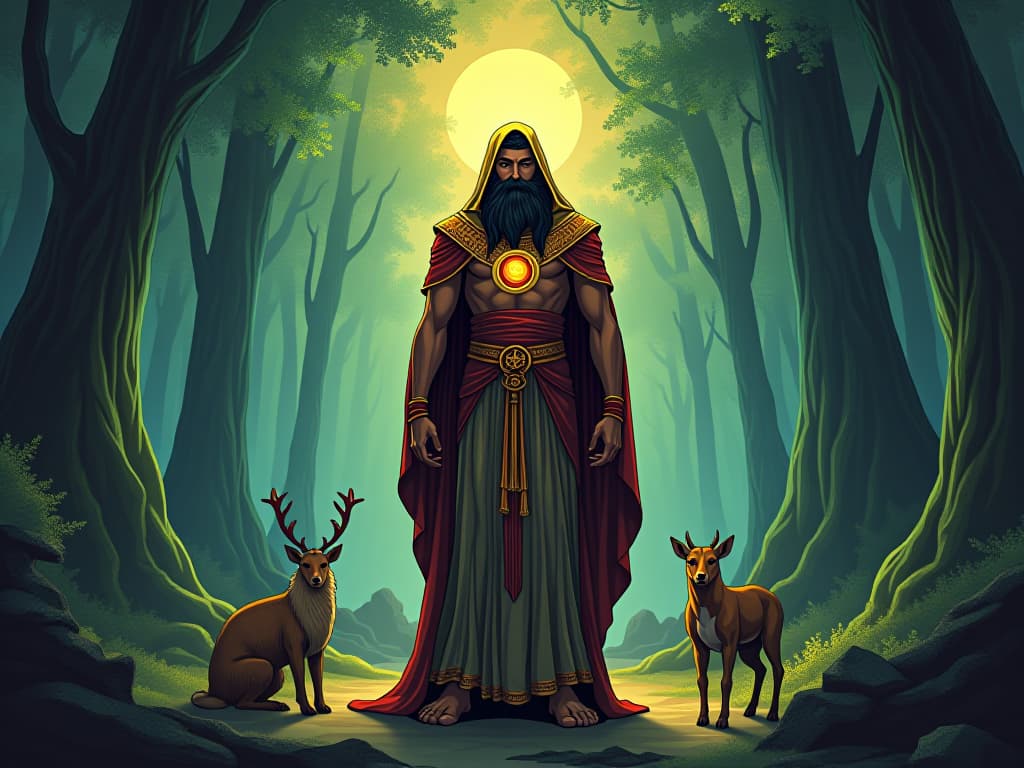  melampus, a greek seer dressed in ancient greek robes, standing in an enchanted forest, animals surrounding him, serene and mystical atmosphere. the style is digital art illustration / modern comic book / mysterious occult, symbolic, esoteric vibe,high detail on character design, incorporating ancient egyptian symbology and attire.