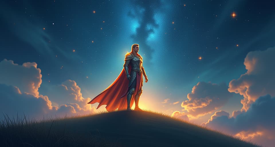  ethereal paladin in gleaming armor, standing on a radiant hill, surrounded by a mystic aura. starry night sky, glowing constellations, and an atmosphere of profound responsibility.. the style is digital art illustration,highly detailed, whimsical,magical, dreamlike atmosphere, realism and fantasy blend, smooth, glossy textures,luminous quality, wonder and enchantment.