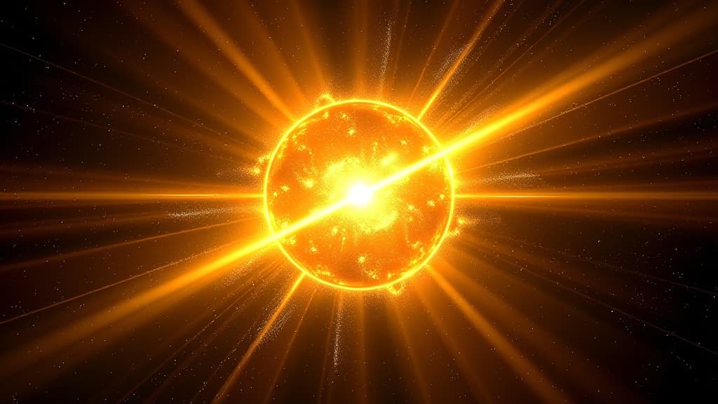  dynamic cosmic eruption: a vibrant yellow celestial explosion on a black background with glittering golden solar flares, digital lens flares, and color balanced beams