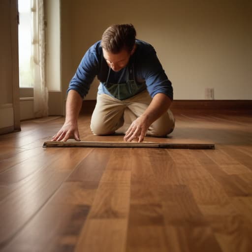 A photo of a skilled artisan carefully measuring hardwood flooring in a cozy and warmly lit Orlando home during the late afternoon.