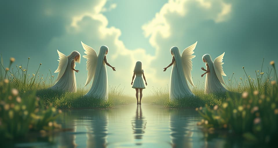  ethereal beings reflecting in a serene meadow, knowing the truth behind the conflict. quiet realization, mystical self awareness, serene environment.. the style is digital art illustration,highly detailed, whimsical,magical, dreamlike atmosphere, realism and fantasy blend, smooth, glossy textures,luminous quality, wonder and enchantment.