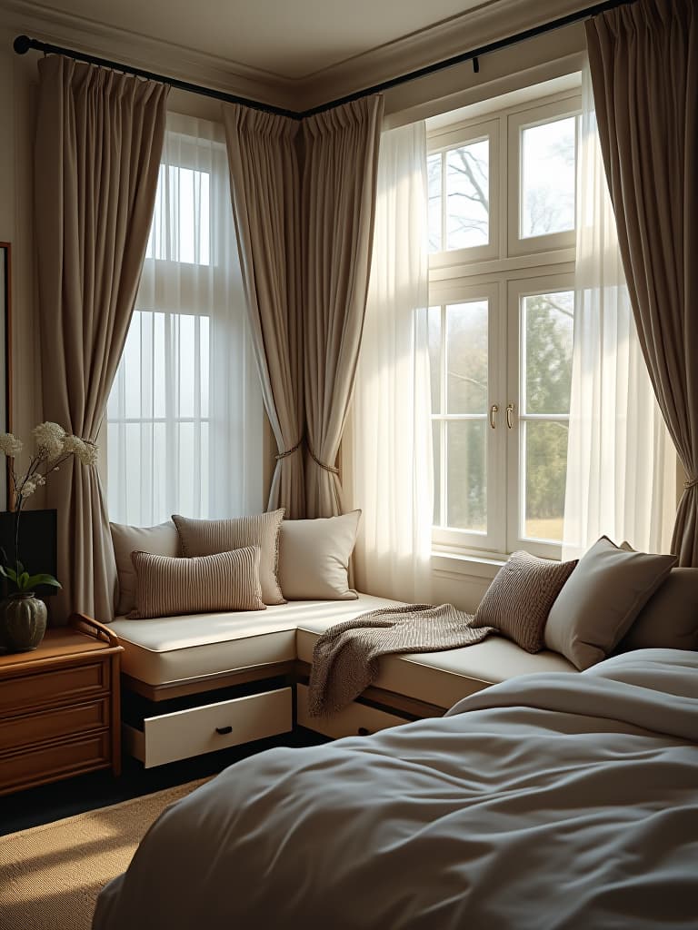  high quality portrait photo of a cozy bedroom with a built in window seat featuring hidden storage drawers underneath, captured from a corner angle with soft morning light streaming through sheer curtains hyperrealistic, full body, detailed clothing, highly detailed, cinematic lighting, stunningly beautiful, intricate, sharp focus, f/1. 8, 85mm, (centered image composition), (professionally color graded), ((bright soft diffused light)), volumetric fog, trending on instagram, trending on tumblr, HDR 4K, 8K