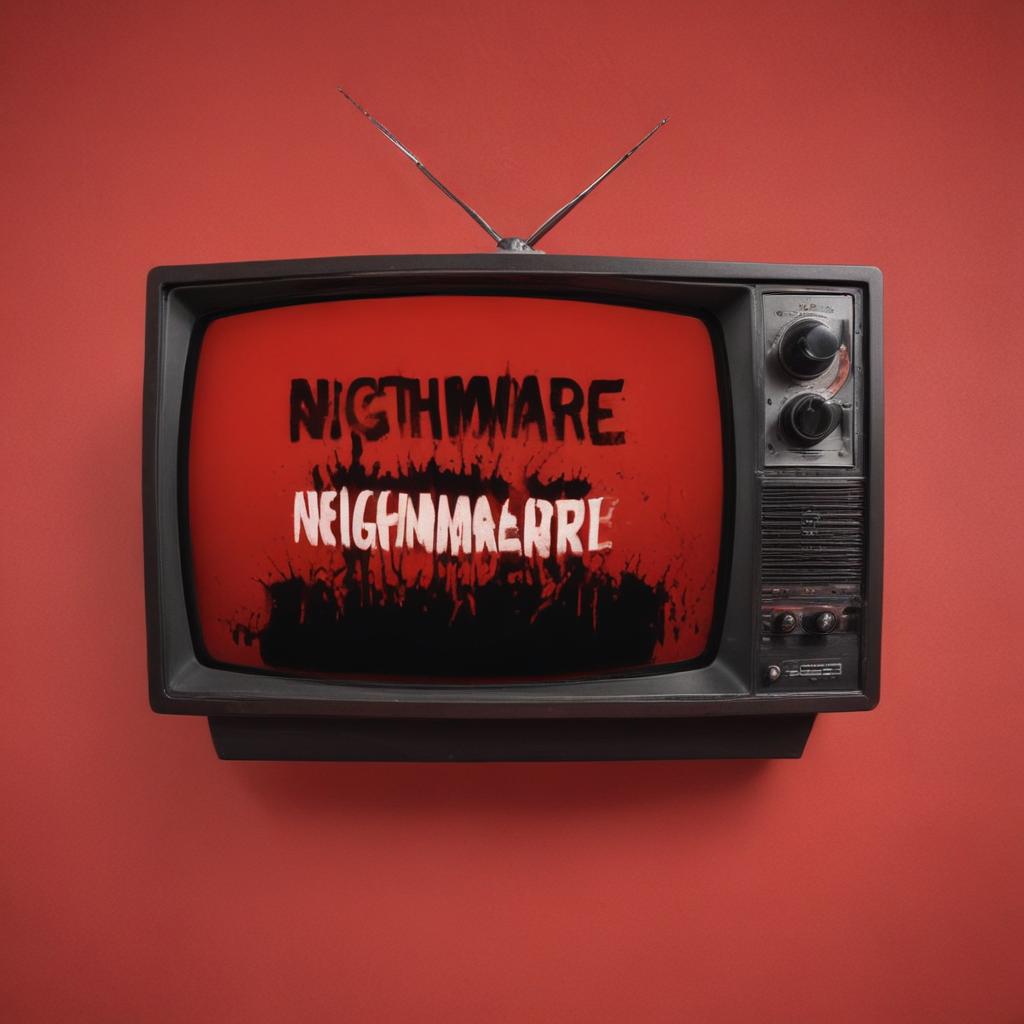 Profile photo of a horror channel with the name “ Nightmare TV “ Red background No character Retro style