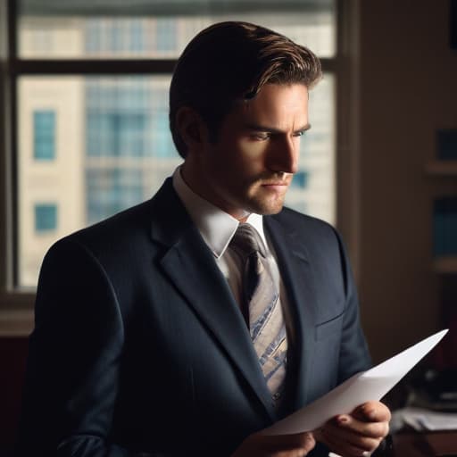 A photo of a stern-faced lawyer in a sharp suit analyzing car accident evidence in a dimly lit downtown office during the late afternoon with dramatic shadows casting across his determined expression.