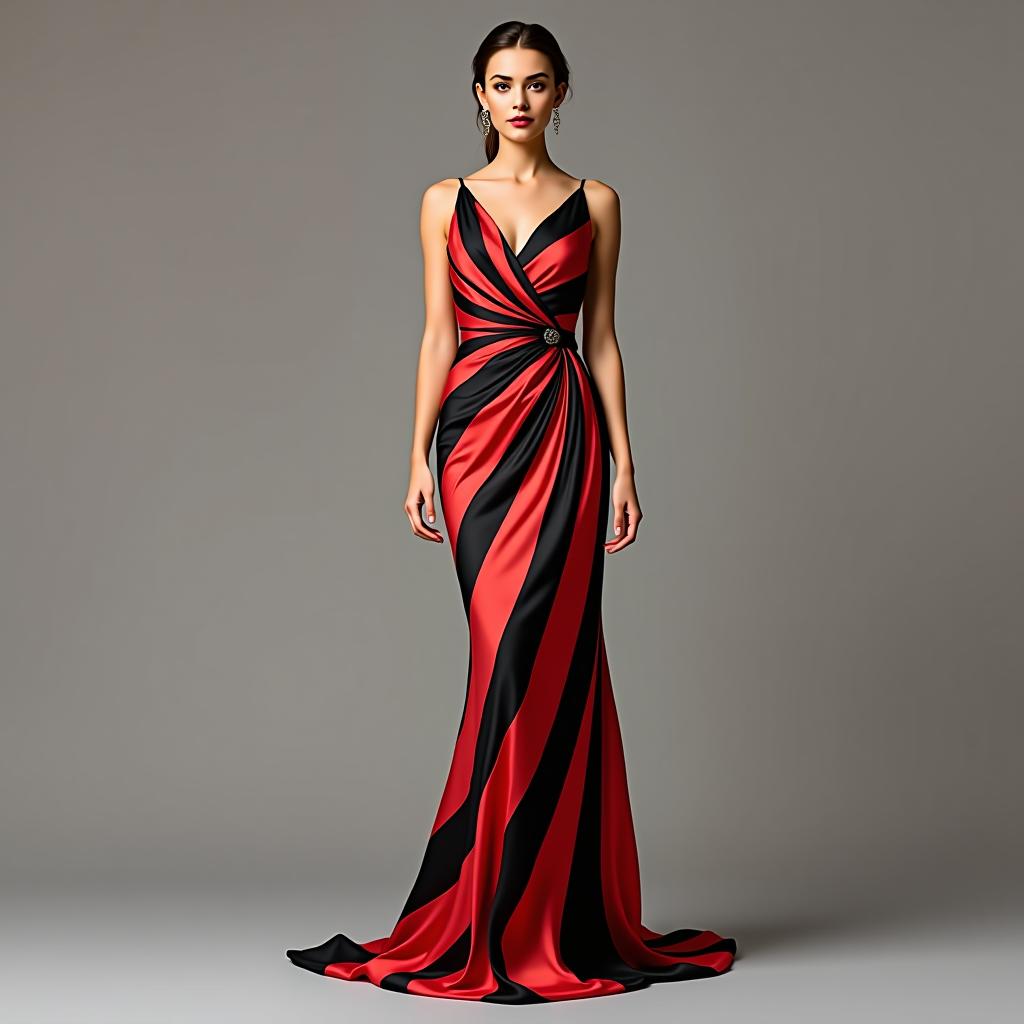  create an image of a full body woman wearing an evening gown with the following specifications: **fit:** slim fit **sleeve length:** sleeveless **neck style:** scoop neck **hem style:** curved hem **fabric design and pattern:** striped, alternating between a rich coral red (color code: #e15b5b) and deep black (color code: #000000). **fabric weight:** lightweight **texture and finish:** smooth, with a sleek and shiny surface that catches the light **branding:** embroidered logo subtly placed near the waistline **fabric material:** luxurious silk **usage:** designed for special occasions **length:** flowing maxi length additional details to enhance the vision: **age category:** the woman is in her mid 30s, exuding 