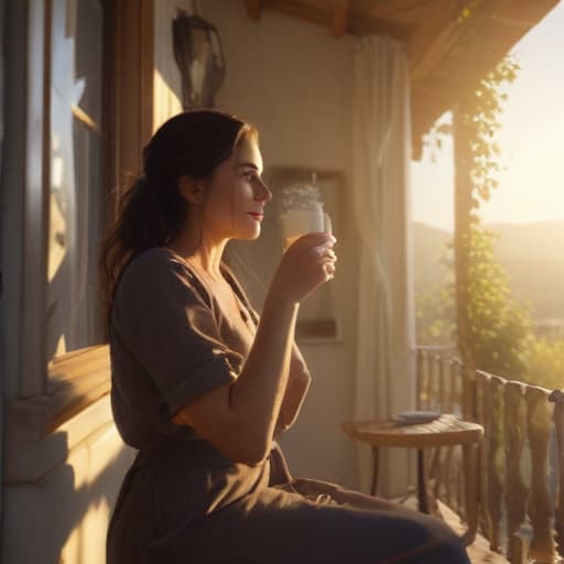 a woman drinking a coffee standing on the pourch and watching the sunshine, unreal engine, classic oil, cheerful, high resolution