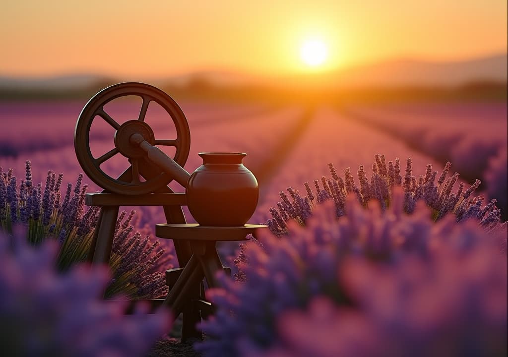  enigmatic golden in vibrant lavender field at twilighdivine potter's wheel: the sacred craft of creation and sovereignty as echoed in isaiah 64:8, a metaphor for god's shaping influence and artistry in any religious endeavor