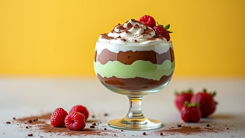  trifle with fresh whipped with chocalate green and yellow background