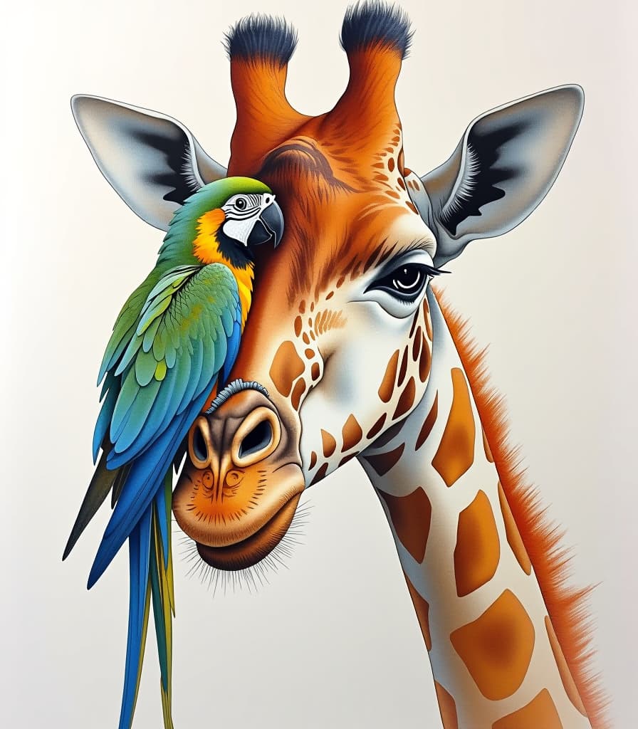  masterpiece. painting. a giraffe with a parrot sitting on it:1.5). intense close up. high detailing of strokes, clarity. watercolor style of sergei andreeyaki. on paper torsion. leaks, spots.:1.5). hyperrealistic, full body, detailed clothing, highly detailed, cinematic lighting, stunningly beautiful, intricate, sharp focus, f/1. 8, 85mm, (centered image composition), (professionally color graded), ((bright soft diffused light)), volumetric fog, trending on instagram, trending on tumblr, HDR 4K, 8K