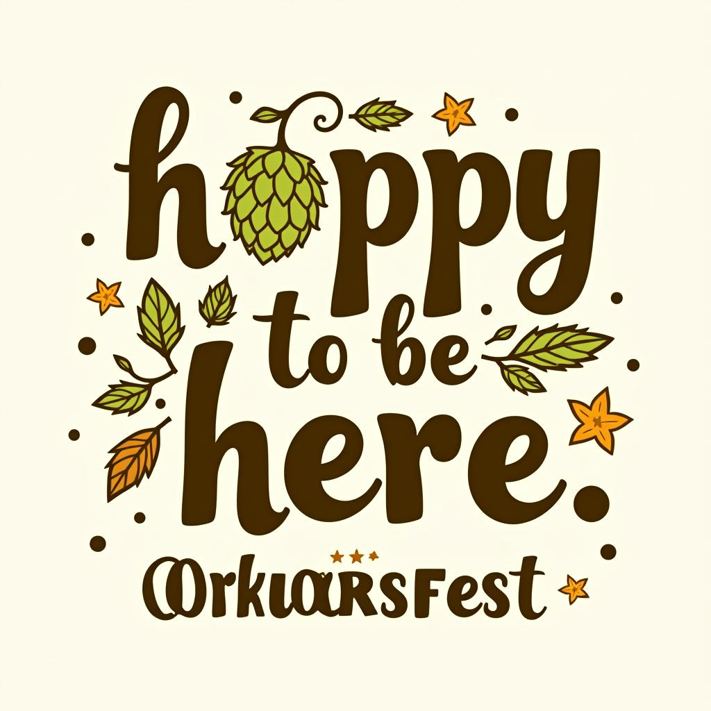  playful 'hoppy to be here.' bold font with hop flower and oktoberfest elements. place the word oktoberfest at the bottom of the image