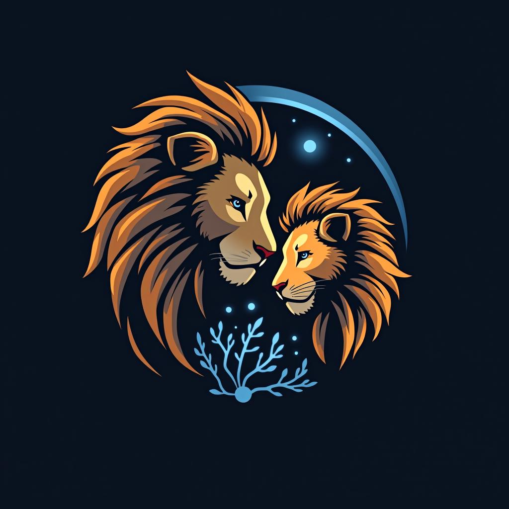  design a logo, logo d’une tête de lion et lionne côte à côte se donnant de l’affection avec des neurones autour et un fil qui va se lier à un cerveau , with the text 'la famille du lion et sa force protégeant sa famille se traduisant à ce que l’humain peut devenir s’il entraîne ses neurones '.