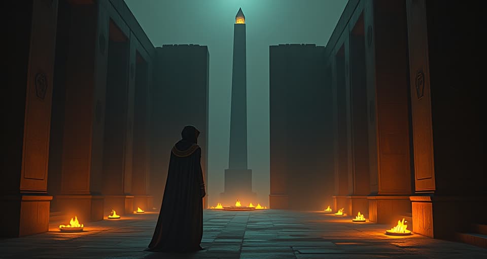  a dark, shadowy courtyard, partially lit by scattered torches, creating elongated, eerie shadows, tall obelisks in the background. the style is digital art illustration / modern comic book / mysterious occult, symbolic, esoteric vibe,high detail on character design, incorporating ancient egyptian symbology and attire.