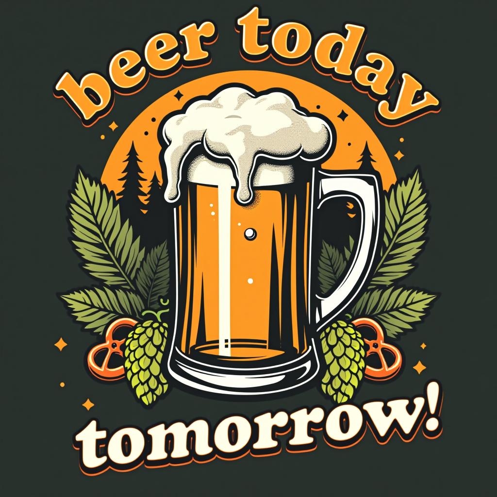  a vintage style t shirt with a frothy beer mug and playful text 'beer today, gone tomorrow!' amidst oktoberfest elements like pretzels and hops.