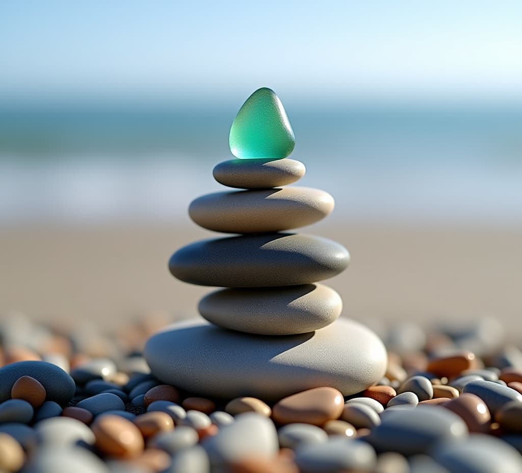  sea glass zen stones arranged in a balance pyramid on the beach, high quality, high details, hd, perfect composition, 4k epic detailed, highly detailed, sharp focus, high resolution