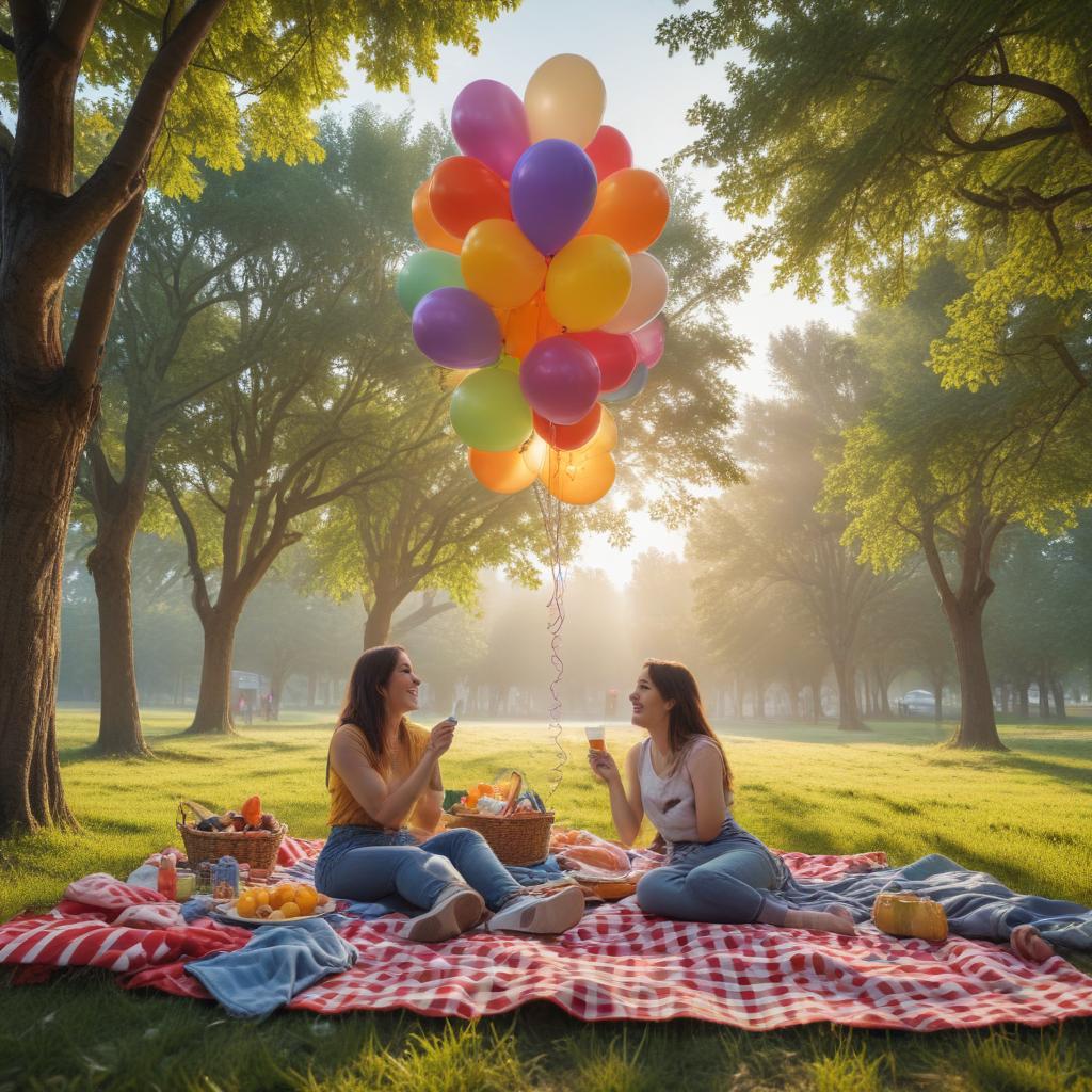 ((masterpiece)),(((best quality))), 8k, high detailed, ultra detailed, happy friends, friends laughing together, picnic in the park, colorful balloons in the sky, (picnic blanket with food and drinks), (trees in the background) hyperrealistic, full body, detailed clothing, highly detailed, cinematic lighting, stunningly beautiful, intricate, sharp focus, f/1. 8, 85mm, (centered image composition), (professionally color graded), ((bright soft diffused light)), volumetric fog, trending on instagram, trending on tumblr, HDR 4K, 8K