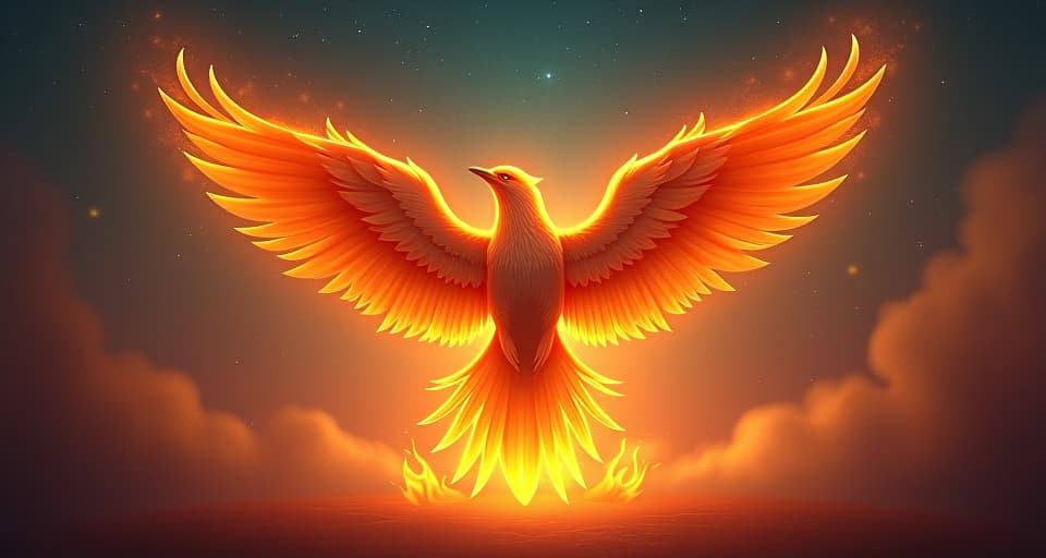  majestic phoenix rising from glowing embers, ethereal background of starry sky, mood of rebirth and personal triumph. the style is digital art illustration,highly detailed, whimsical,magical, dreamlike atmosphere, realism and fantasy blend, smooth, glossy textures,luminous quality, wonder and enchantment.