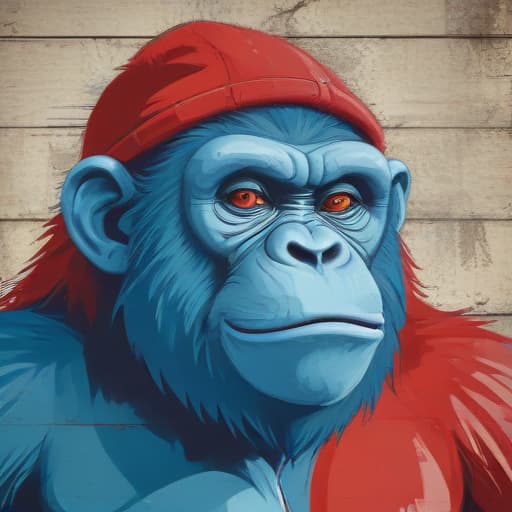 Drunky monkey ape red blue gorilla in Cartoon style with Old Wall background