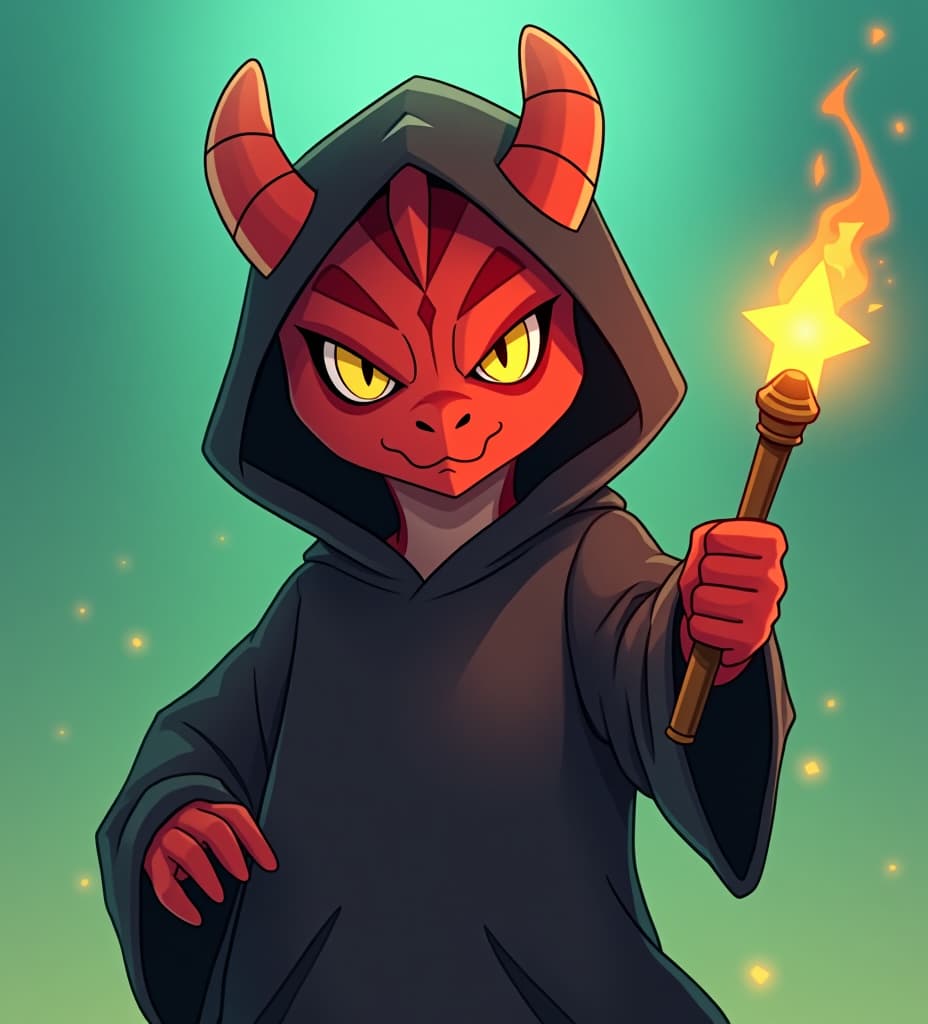  an anime menacing looking red skinned humanoid dragon with yellow eyes wearing a black hoodie and wielding a magic wand in front of a cyan to green fade background