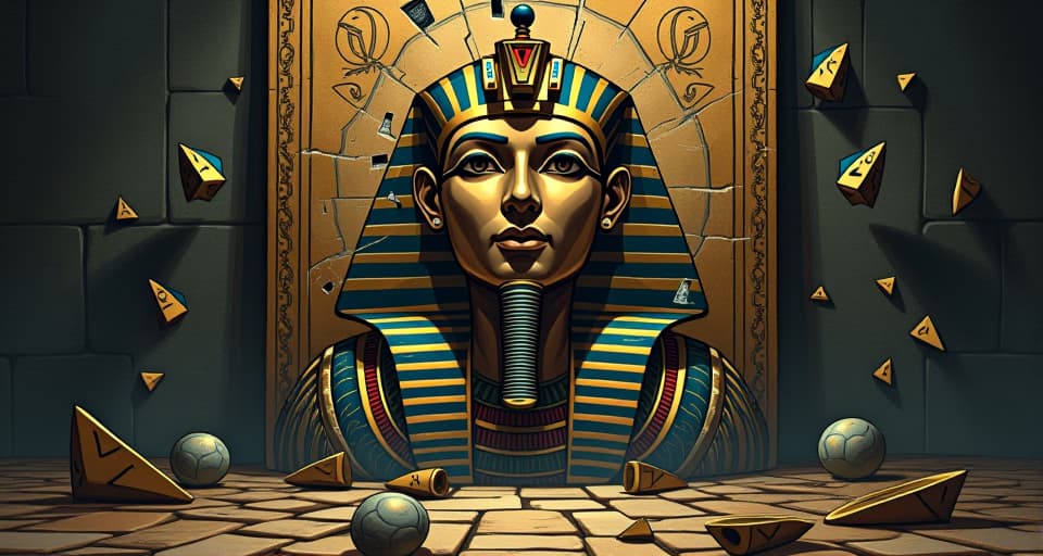  a shattered ancient egyptian mirror, pieces reflecting different faces of a stern pharaoh, symbolic of fragmented illusion, scattered symbols of power and control, atmosphere of realization and loss. the style is digital art illustration / modern comic book / mysterious occult, symbolic, esoteric vibe,high detail on character design, incorporating ancient egyptian symbology and attire.