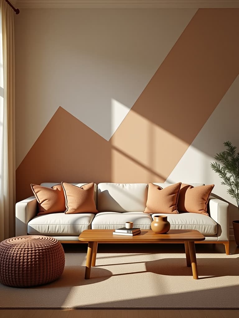  high quality portrait photo of a serene living room with a diy geometric accent wall painted in soothing earth tones, creating a modern and calming atmosphere hyperrealistic, full body, detailed clothing, highly detailed, cinematic lighting, stunningly beautiful, intricate, sharp focus, f/1. 8, 85mm, (centered image composition), (professionally color graded), ((bright soft diffused light)), volumetric fog, trending on instagram, trending on tumblr, HDR 4K, 8K