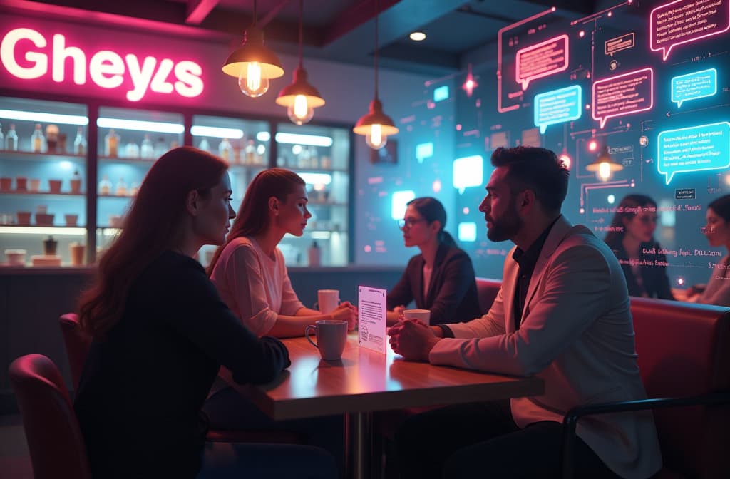  "visualize a futuristic virtual cafe where diverse individuals interact through holographic screens showcasing vibrant chat bubbles. the atmosphere buzzes with digital energy, featuring neon elements, glowing circuit patterns, and floating ai avatars facilitating conversations. the setting blends a cozy coffee shop vibe with high tech sophistication, symbolizing human connection in a digital world." hyperrealistic, full body, detailed clothing, highly detailed, cinematic lighting, stunningly beautiful, intricate, sharp focus, f/1. 8, 85mm, (centered image composition), (professionally color graded), ((bright soft diffused light)), volumetric fog, trending on instagram, trending on tumblr, HDR 4K, 8K