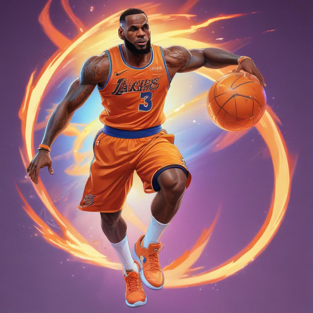 distance-shot, flashy, full-body, dynamic, holographic, animated cartoon poster of lebron james in the style of dragon ball super