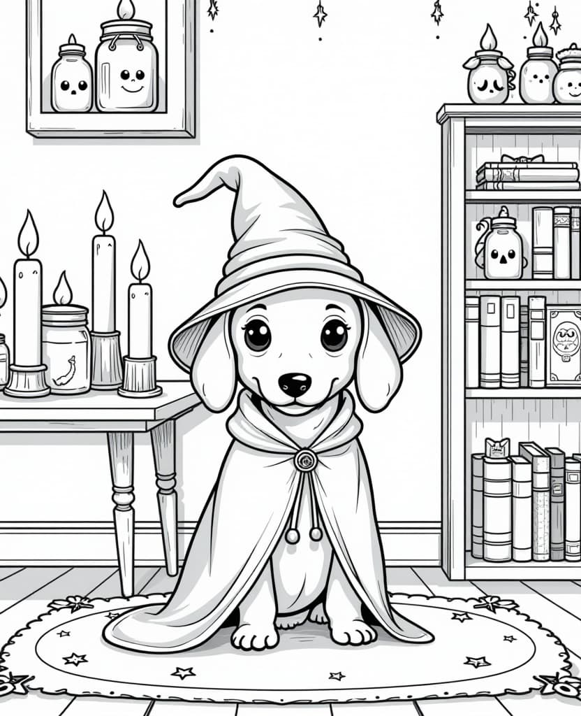  coloring book page a cute kawaii dachshund dressed as a wizard in a living room with books and floating candles: the little dog, wearing a wizard robe and a tiny pointy hat, sits in front of a table filled with vintage books, some with kawaii faces on the covers. haunted candles float above the table, softly illuminating the space. around them, there are shelves filled with decorative jars with tiny smiling ghosts and flowers. on the floor, there is a rug with skull and star prints, adding a spooky yet cozy touch to the scene., high quality, high details, hd, perfect composition, 4k epic detailed, highly detailed, sharp focus, high resolution