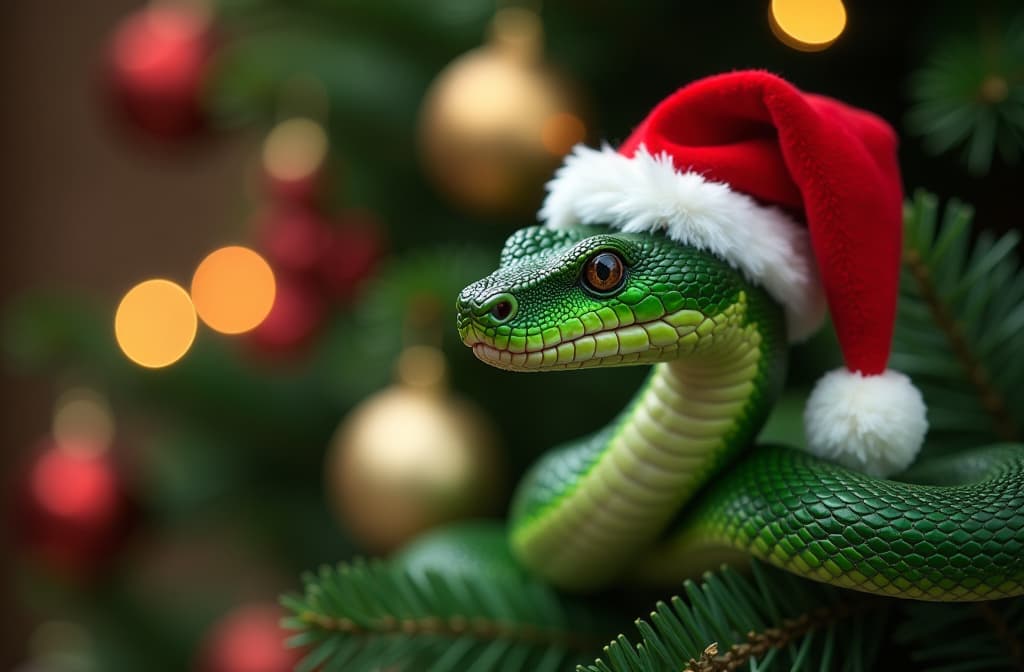  professional detailed photography, green snake in santa claus hat, on blurred background of decorated christmas tree ar 3:2, (muted colors, dim colors, soothing tones), (vsco:0.3)