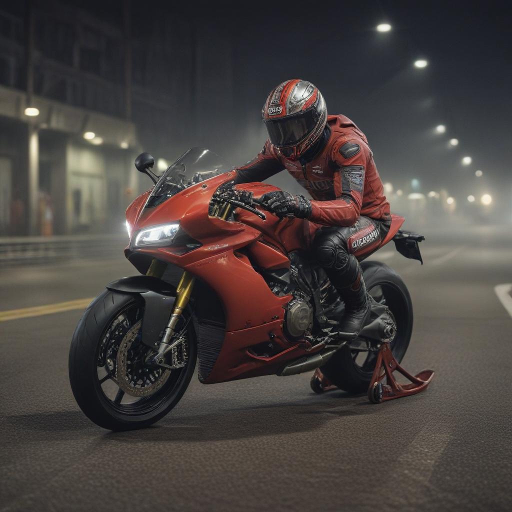 ((masterpiece)),(((best quality))), 8k, high detailed, ultra detailed, Rider wearing SHOEI x14, night street, Ducati V4 R, high speed, detailed, Pirelli tire, two riders hyperrealistic, full body, detailed clothing, highly detailed, cinematic lighting, stunningly beautiful, intricate, sharp focus, f/1. 8, 85mm, (centered image composition), (professionally color graded), ((bright soft diffused light)), volumetric fog, trending on instagram, trending on tumblr, HDR 4K, 8K