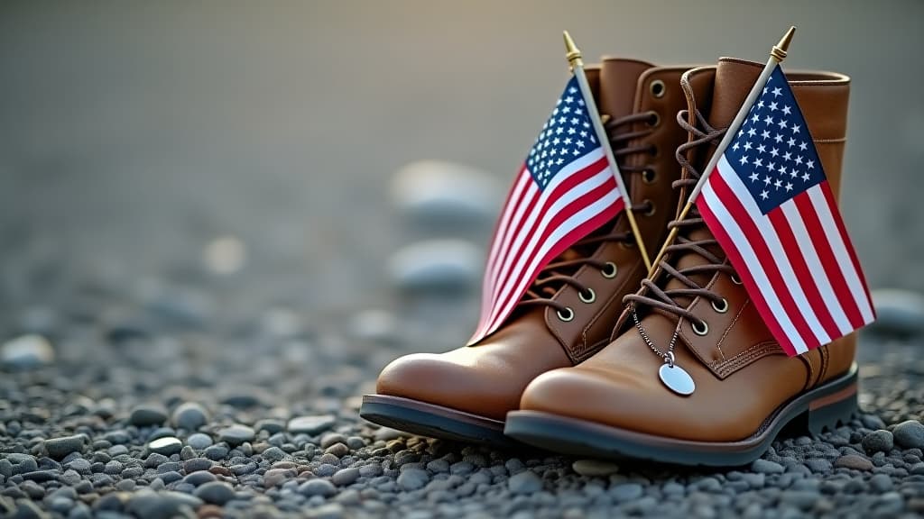  old military combat boots with dog tags and two small american flags. rocky gravel background with copy space. memorial day