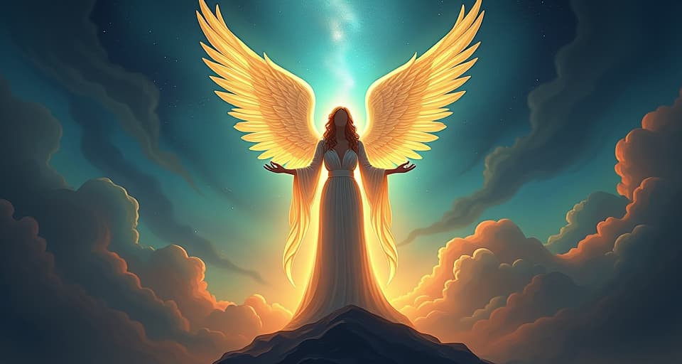  a celestial figure standing tall amidst a landscape of swirling light and darkness, embodying the balance and truth of both forces.. the style is digital art illustration,highly detailed, whimsical,magical, dreamlike atmosphere, realism and fantasy blend, smooth, glossy textures,luminous quality, wonder and enchantment.