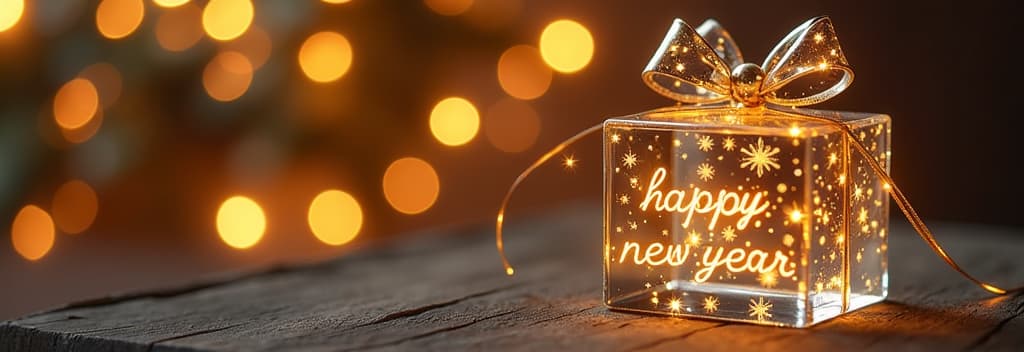  transparent glass christmas gift with glass bow, golden glowing text “happy new year”, festive gold bokeh background ar 3:1 {prompt}, maximum details