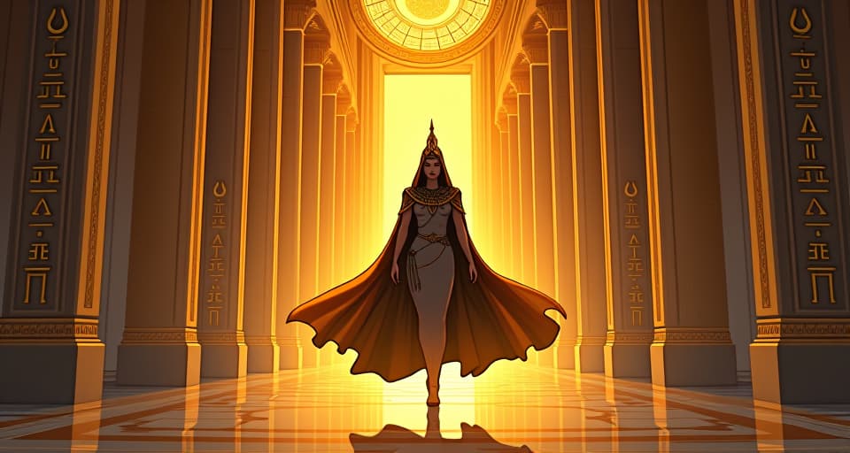  a regal figure, gliding through a majestic hallway, golden ankhs and sacred symbols adorning the walls, an aura of cosmic guidance, calm and composed, effortlessly moving in harmony with existence. the style is digital art illustration / modern comic book / mysterious occult, symbolic, esoteric vibe,high detail on character design, incorporating ancient egyptian symbology and attire.