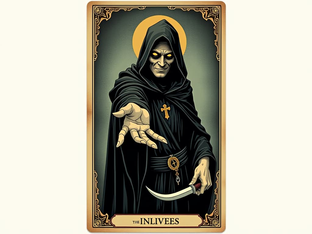  a person extends a hand with a sly smile, cloaked in dark robes, the other hand hidden behind their back holding a dagger, devious, deceitful intentions. an illustration in the style of a worn, mystical old tarot trump card, mysterious and elements of surrealism. the colors are muted, somber and eerie, but with contrast bring out an occult and esoteric vibe.