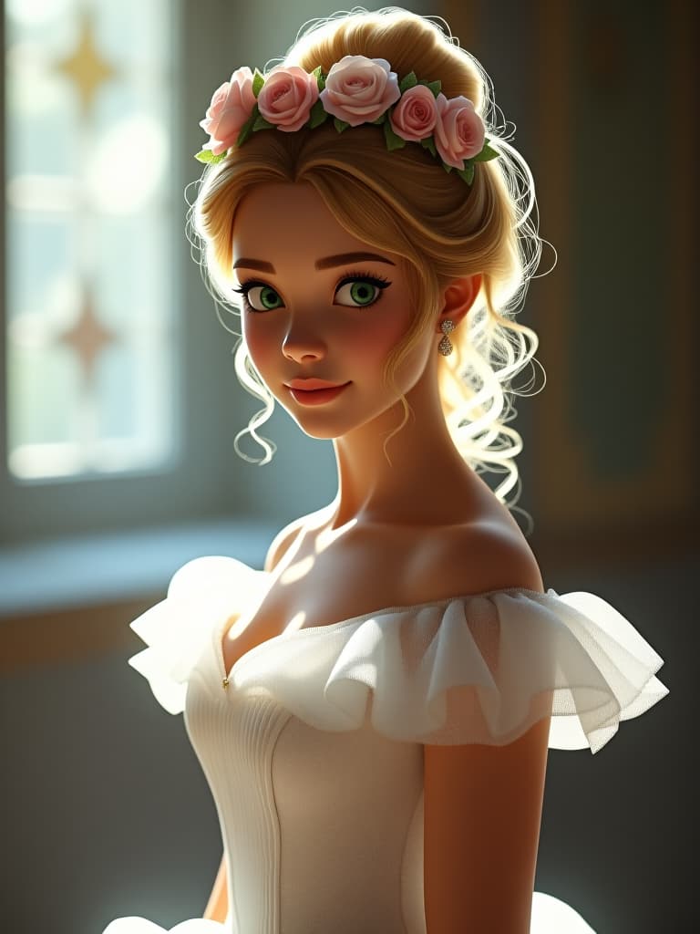  a picture of cinderella in a white dress with a flower crown on her head. can you please provide a sentence for correction or translation? hyperrealistic, full body, detailed clothing, highly detailed, cinematic lighting, stunningly beautiful, intricate, sharp focus, f/1. 8, 85mm, (centered image composition), (professionally color graded), ((bright soft diffused light)), volumetric fog, trending on instagram, trending on tumblr, HDR 4K, 8K