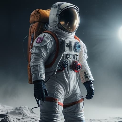 man on the moon hyperrealistic, full body, detailed clothing, highly detailed, cinematic lighting, stunningly beautiful, intricate, sharp focus, f/1. 8, 85mm, (centered image composition), (professionally color graded), ((bright soft diffused light)), volumetric fog, trending on instagram, trending on tumblr, HDR 4K, 8K