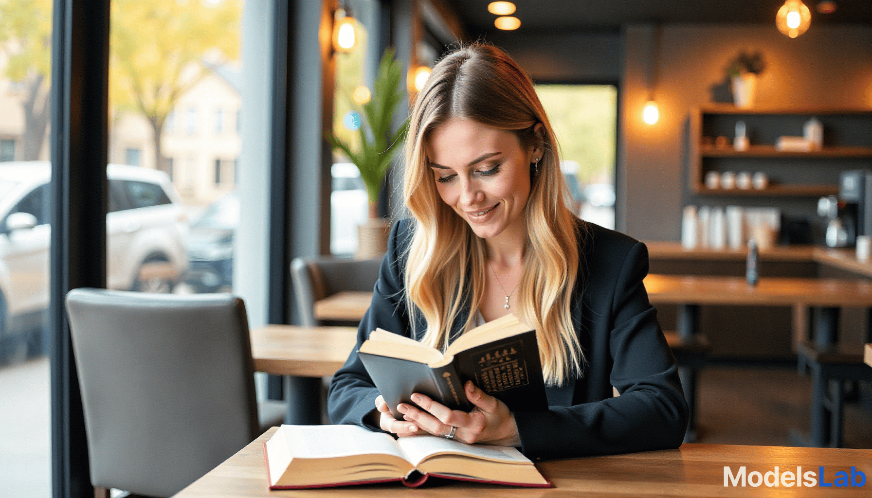  watercolor style with beautiful black and gold color scheme, a college aged blonde woman at a coffee shop reading a book