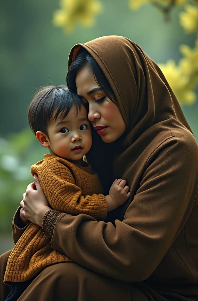  seorang ibu kristen sedang memeluk anak perempuannya di taman hyperrealistic, full body, detailed clothing, highly detailed, cinematic lighting, stunningly beautiful, intricate, sharp focus, f/1. 8, 85mm, (centered image composition), (professionally color graded), ((bright soft diffused light)), volumetric fog, trending on instagram, trending on tumblr, HDR 4K, 8K