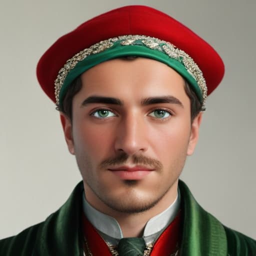 realistic style, Turkish Anatolian man with green eyes and dark blonde hair, early 20th century, he is a man from high society, accordingly he is wearing an early 20th century suit and a red fez