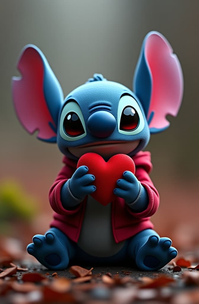  cute stitch with love and heart hyperrealistic, full body, detailed clothing, highly detailed, cinematic lighting, stunningly beautiful, intricate, sharp focus, f/1. 8, 85mm, (centered image composition), (professionally color graded), ((bright soft diffused light)), volumetric fog, trending on instagram, trending on tumblr, HDR 4K, 8K