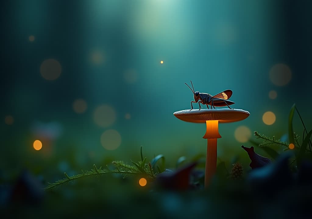  a serene forest at dusk with fireflies, a cricket perched on a mushroom, and a glowing, ethereal aura surrounding the insect, with soft, swirling patterns in shades of blue and green. hyperrealistic, full body, detailed clothing, highly detailed, cinematic lighting, stunningly beautiful, intricate, sharp focus, f/1. 8, 85mm, (centered image composition), (professionally color graded), ((bright soft diffused light)), volumetric fog, trending on instagram, trending on tumblr, HDR 4K, 8K