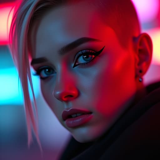  ultra realistic close up portrait ((beautiful pale cyberpunk female with heavy black eyeliner)), blue eyes, shaved side haircut, hyper detail, cinematic lighting, magic neon, dark red city, canon eos r3, nikon, f/1.4, iso 200, 1/160s, 8k, raw, unedited, symmetrical balance, in frame, 8k hyperrealistic, full body, detailed clothing, highly detailed, cinematic lighting, stunningly beautiful, intricate, sharp focus, f/1. 8, 85mm, (centered image composition), (professionally color graded), ((bright soft diffused light)), volumetric fog, trending on instagram, trending on tumblr, HDR 4K, 8K